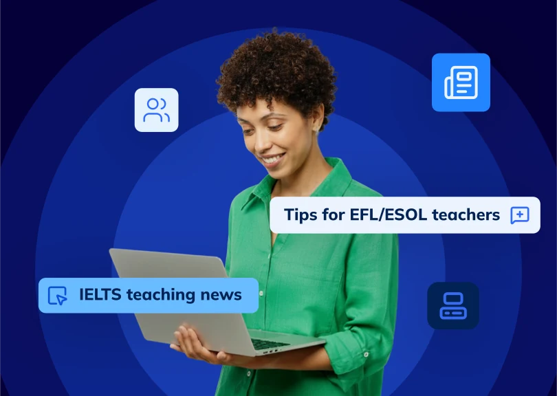 An IELTS teacher reading teaching tips and news on a laptop