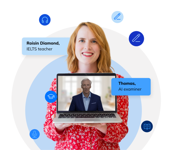 Roisin Diamond, IELTS teacher, with the Thomas AI examiner on screen